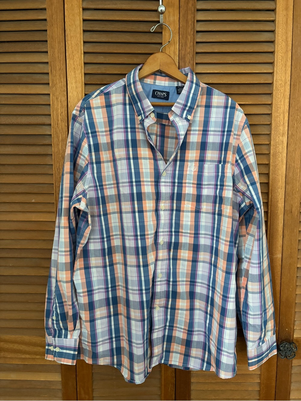 Chaps Men’s Navy, Peach & White Plaid Button-Down Shirt XL